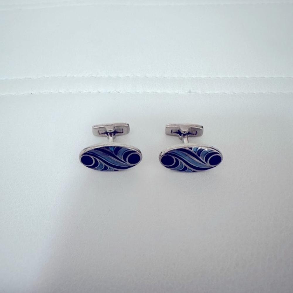 Blue Designed Oval Silver Cufflinks - image 1